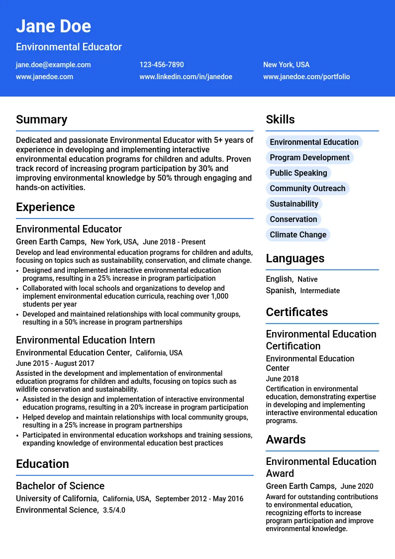 Environmental Educator resume example