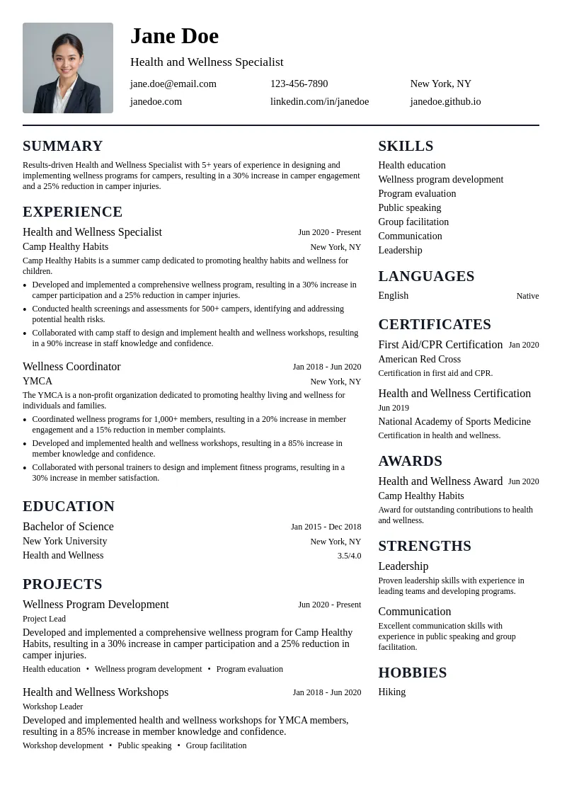 Health and Wellness Specialist resume example