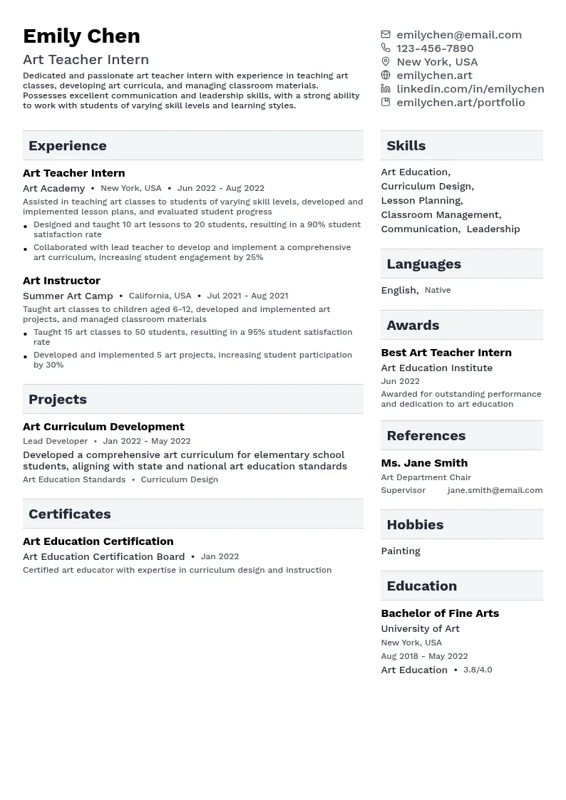 Art Teacher Intern resume example