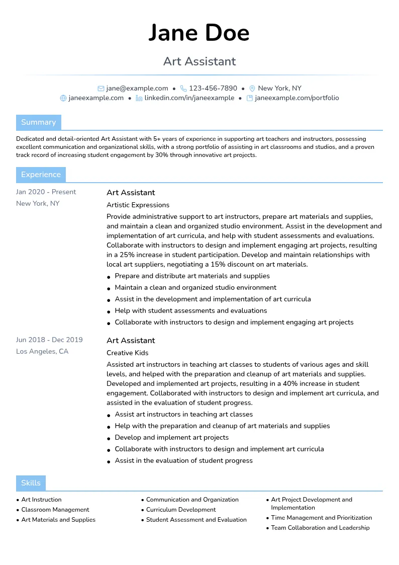 Art Assistant resume example