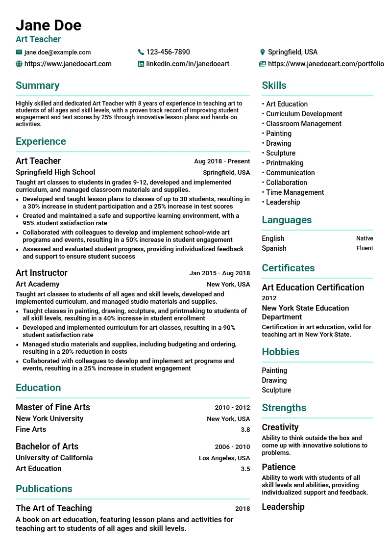 Art Teacher resume example
