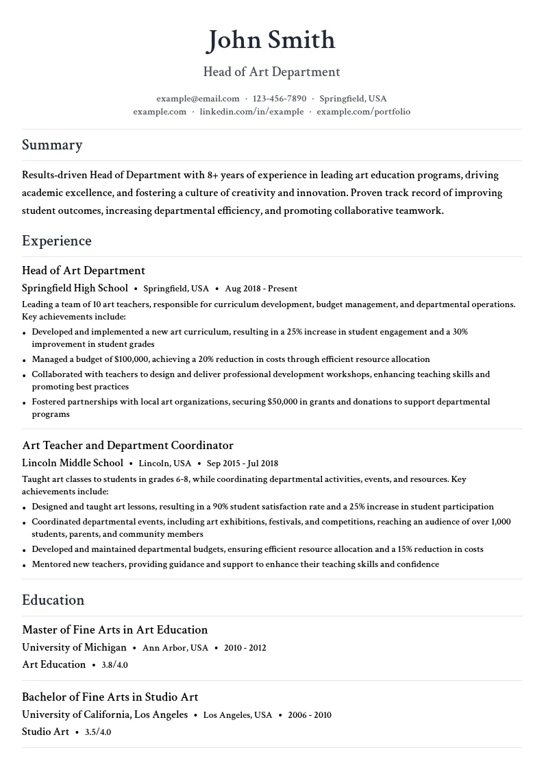Head of Department resume example