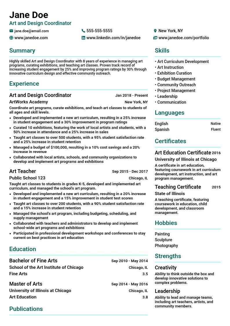 Art and Design Coordinator resume example
