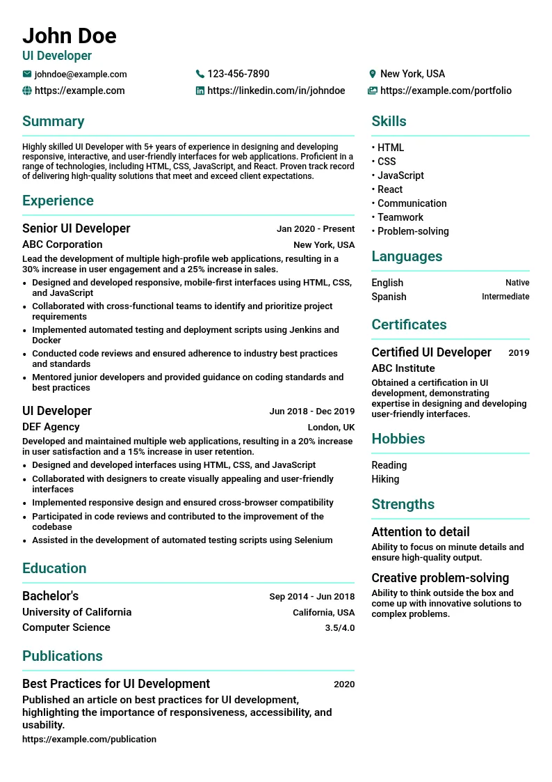 UI Developer resume example