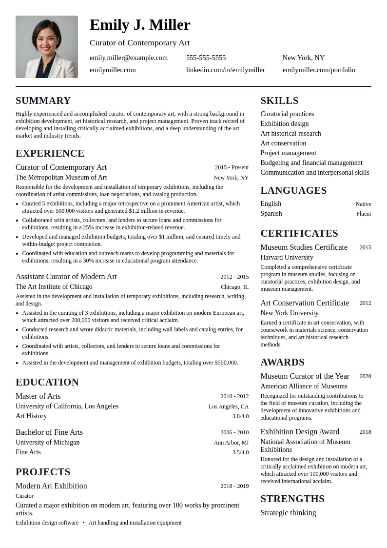 Art Museum/Curator resume example
