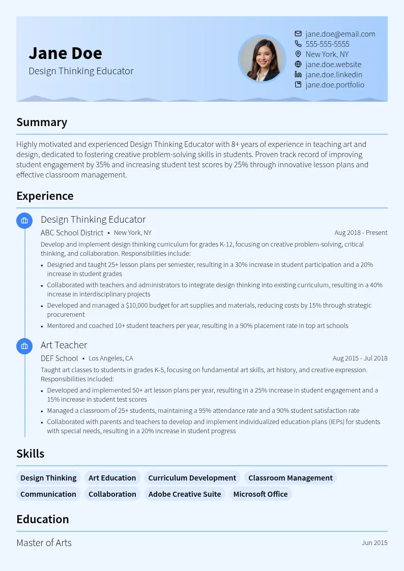 Design Thinking Educator resume example