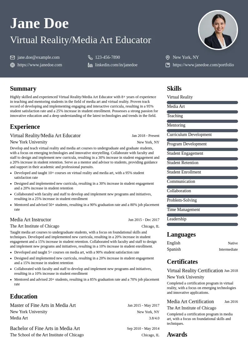 Virtual Reality/Media Art Educator resume example