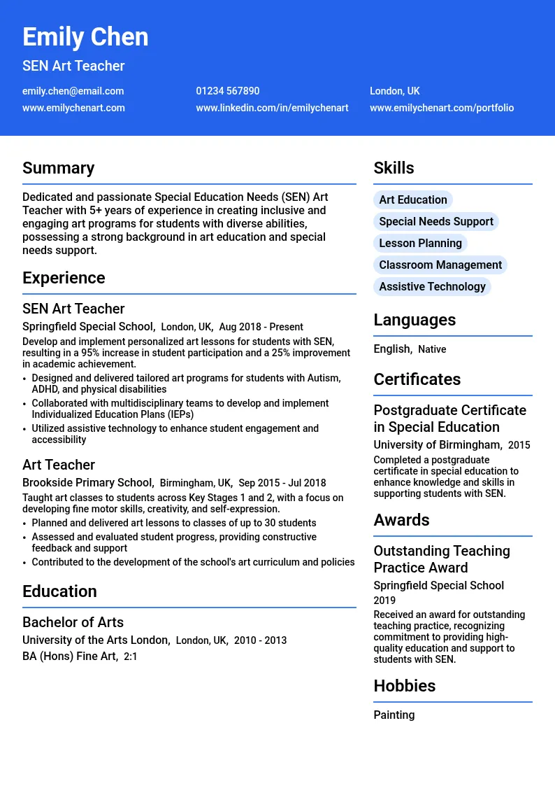 Special Education Needs (SEN) Art Teacher resume example