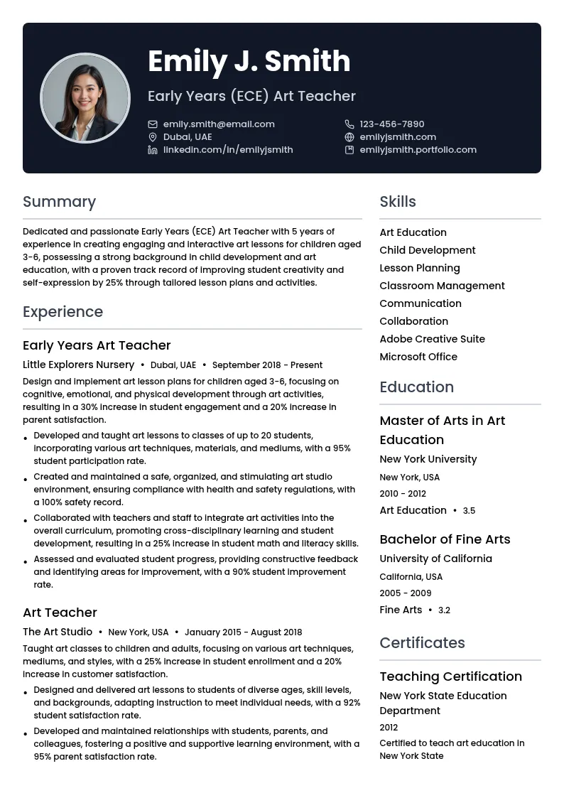 Early Years (ECE) Art Teacher resume example