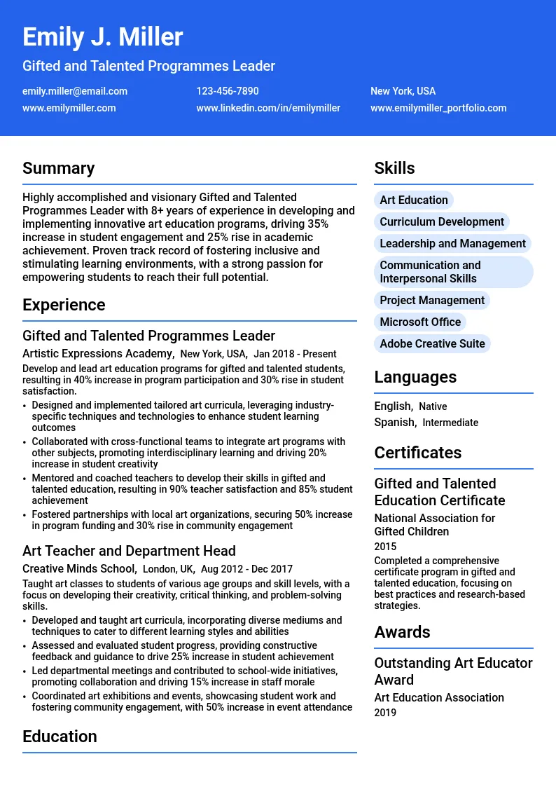 Gifted and Talented Programmes Leader resume example