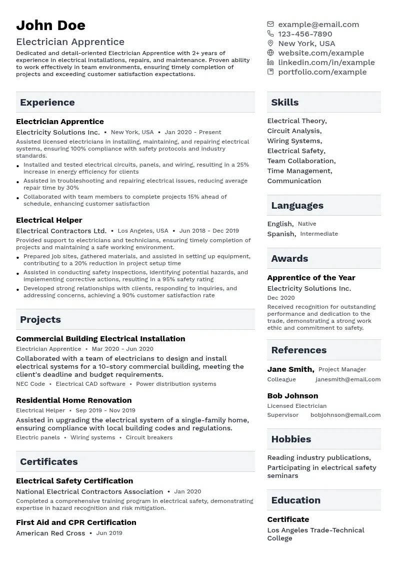 Electrician Apprentice resume example