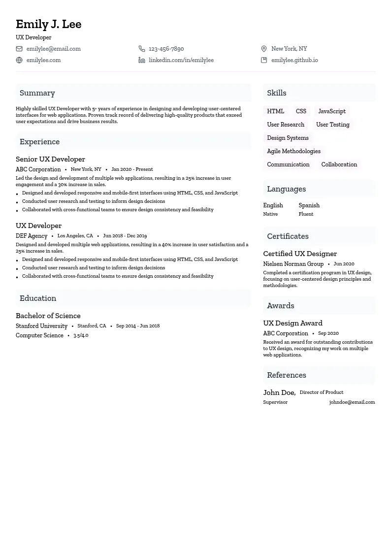 UX Developer resume example