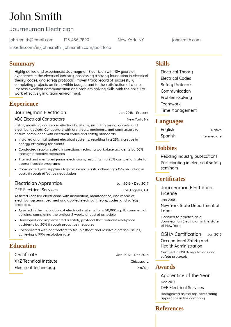 Journeyman Electrician resume example