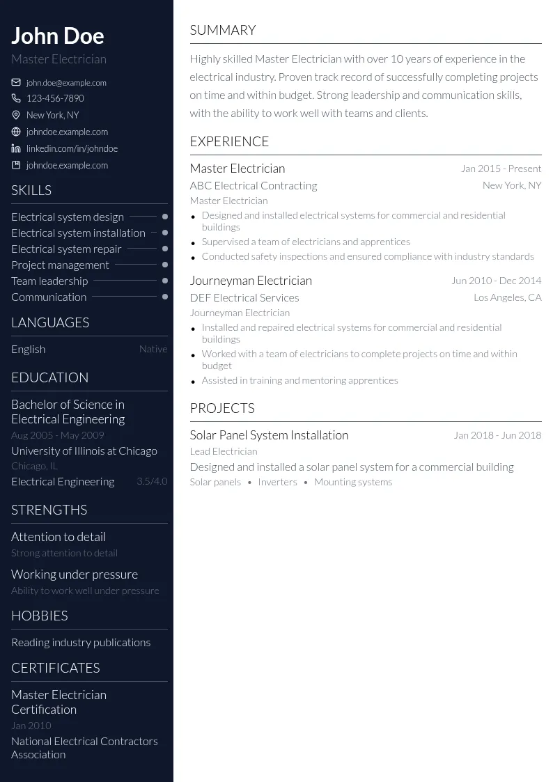 Master Electrician resume example