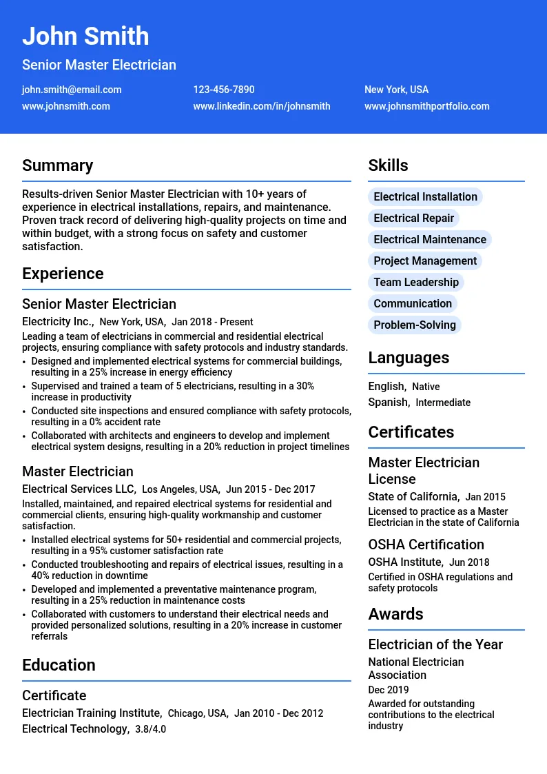 Senior Master Electrician resume example