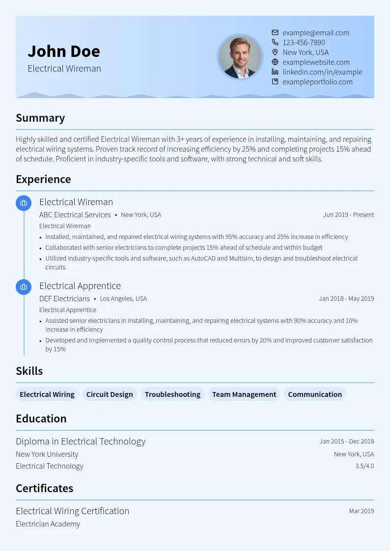 Electrical Wireman resume example