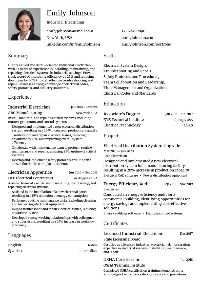 Industrial Electrician resume example