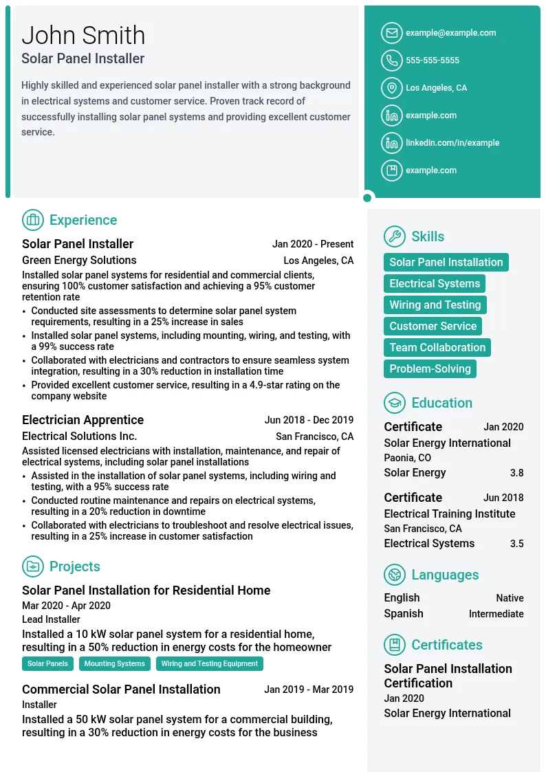 Solar Panel Installer resume example