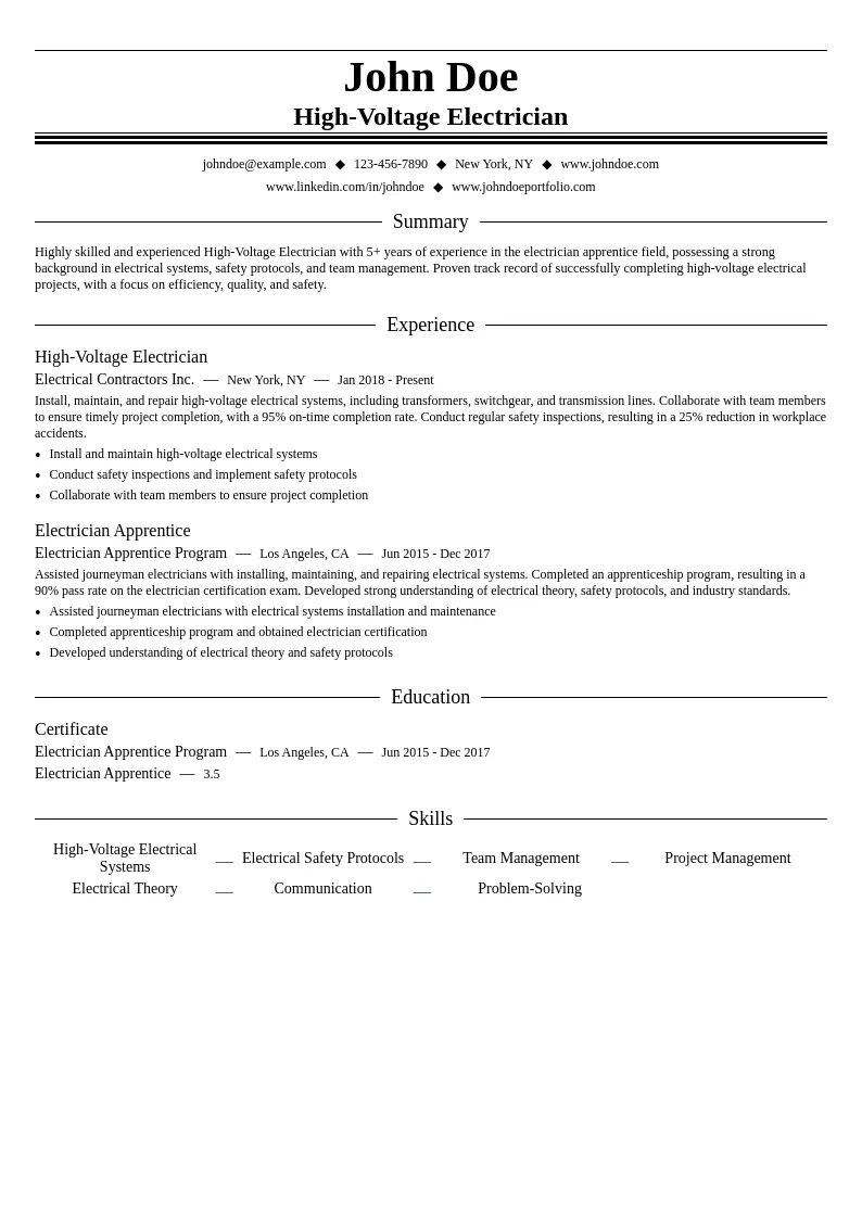 High-Voltage Electrician resume example
