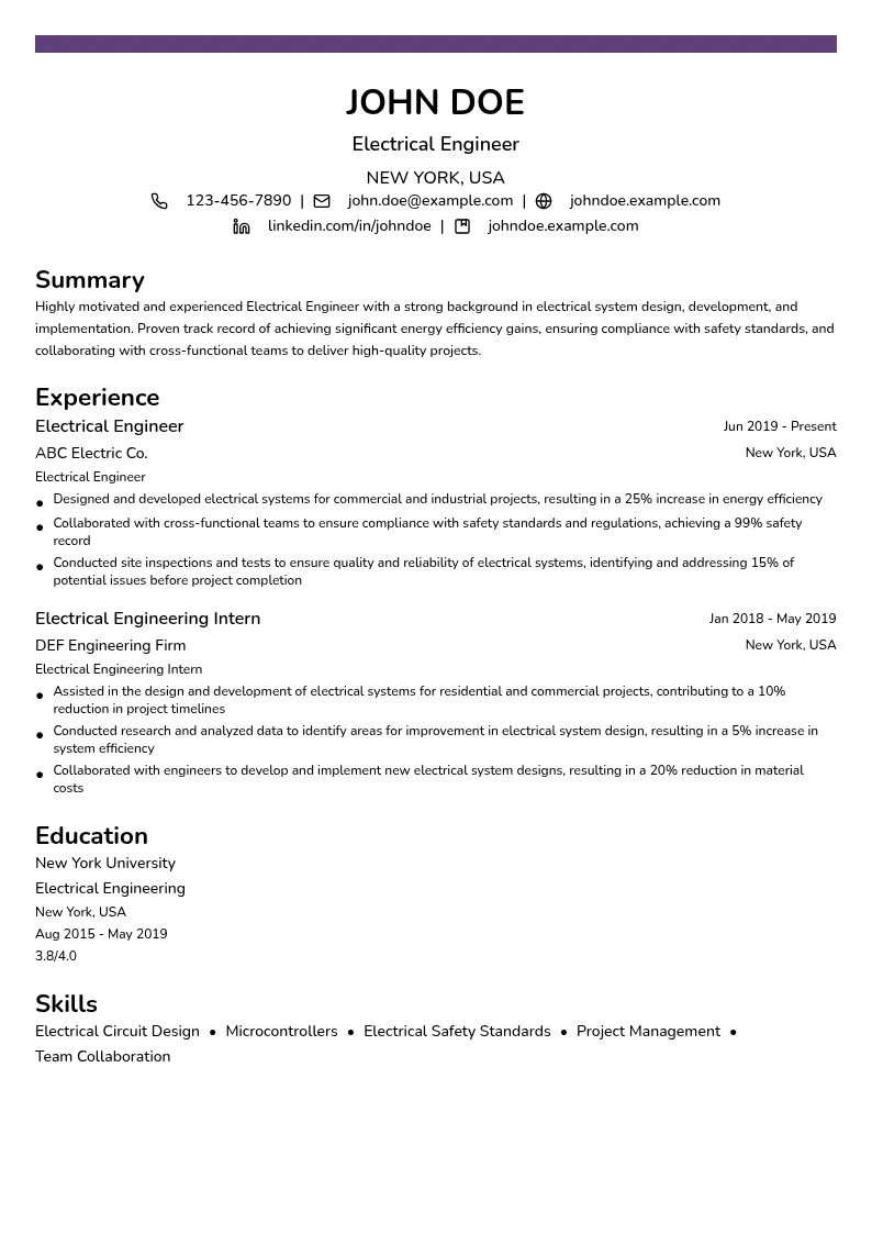 Electrical Engineer resume example