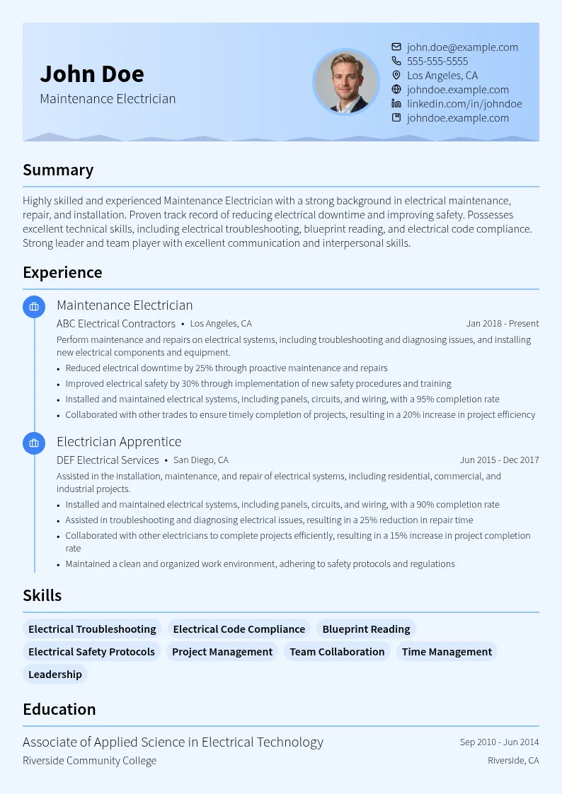 Maintenance Electrician resume example