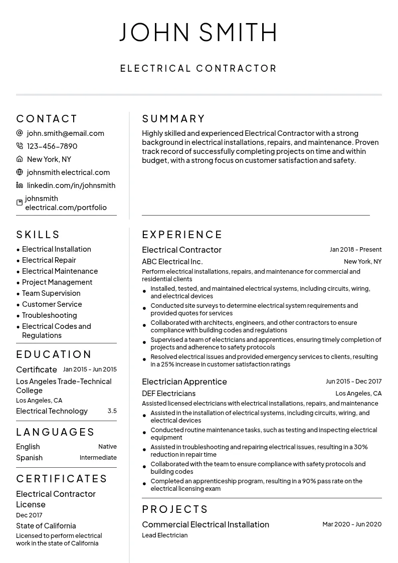 Electrical Contractor resume example