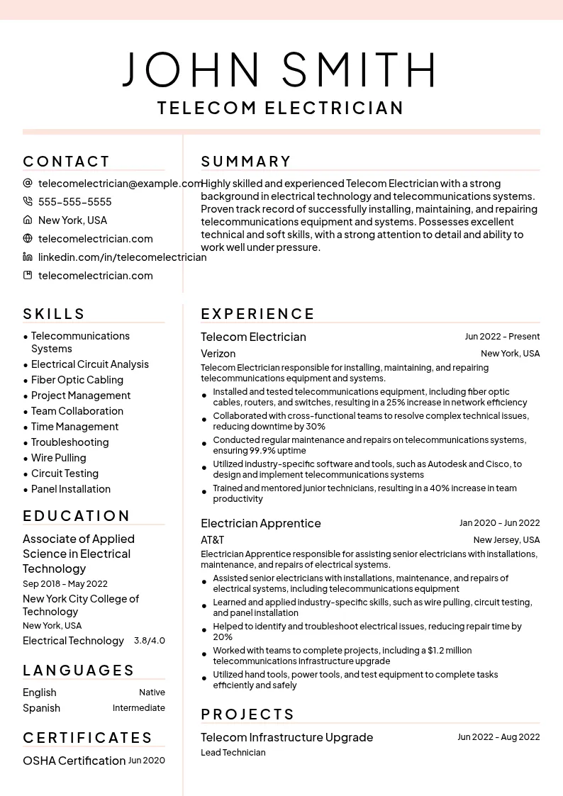 Telecom Electrician resume example