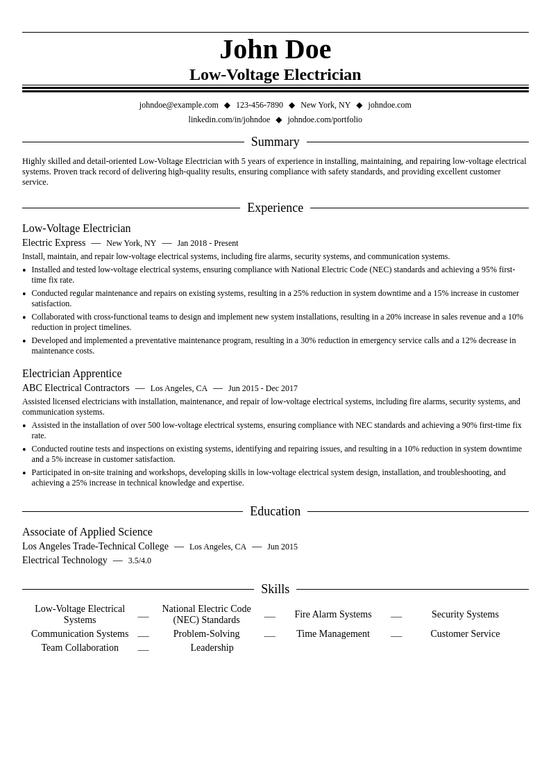 Low-Voltage Electrician resume example