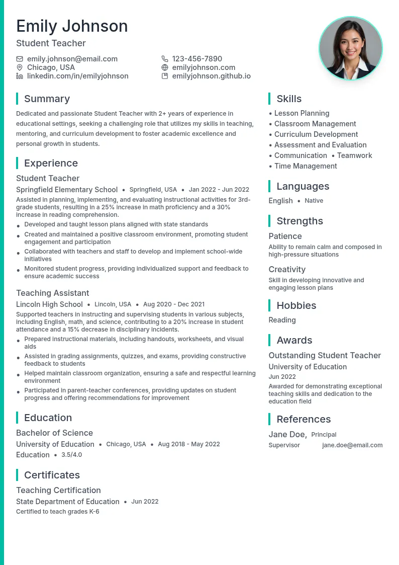 Student Teacher resume example
