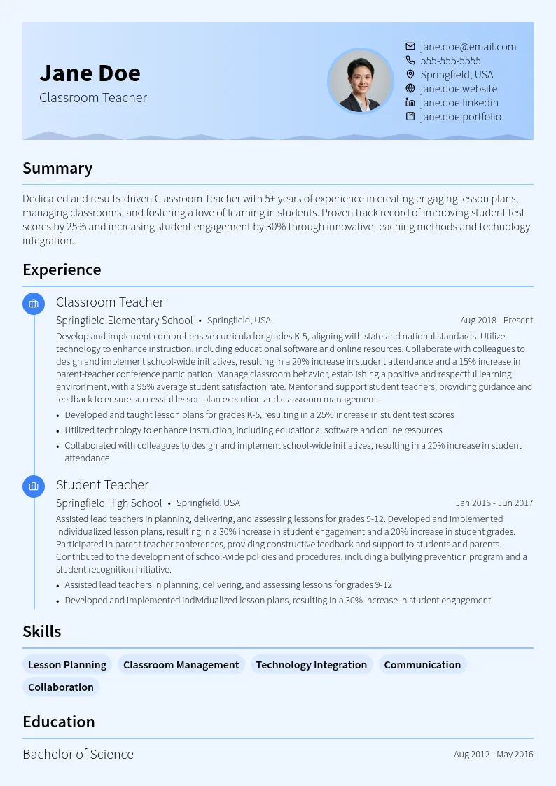 Classroom Teacher resume example
