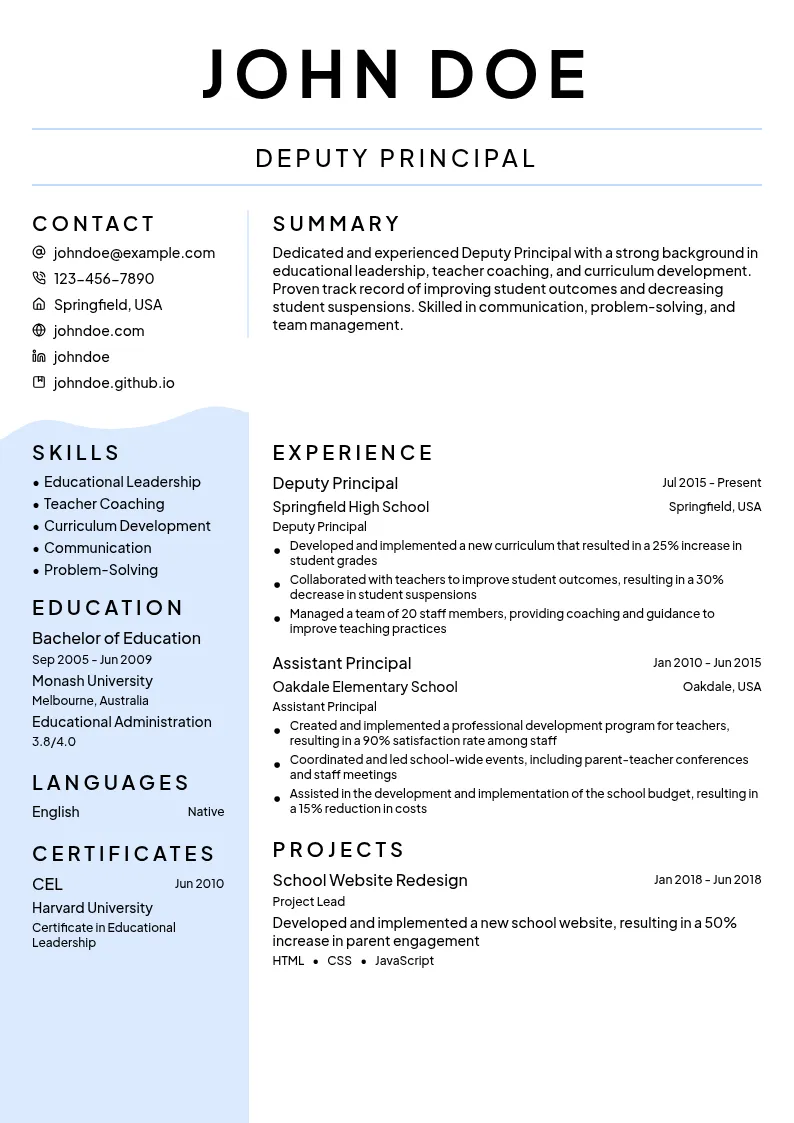 Deputy Principal resume example