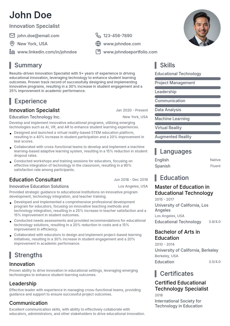 Innovation Specialist resume example