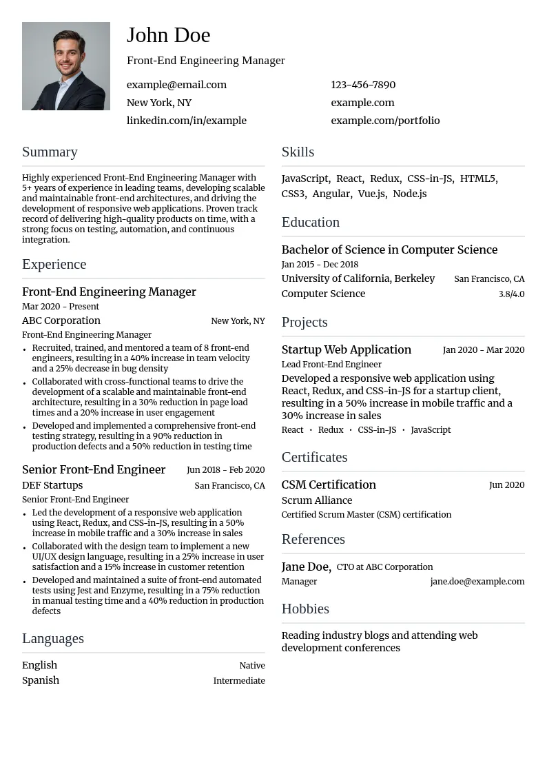 Front-End Engineering Manager resume example
