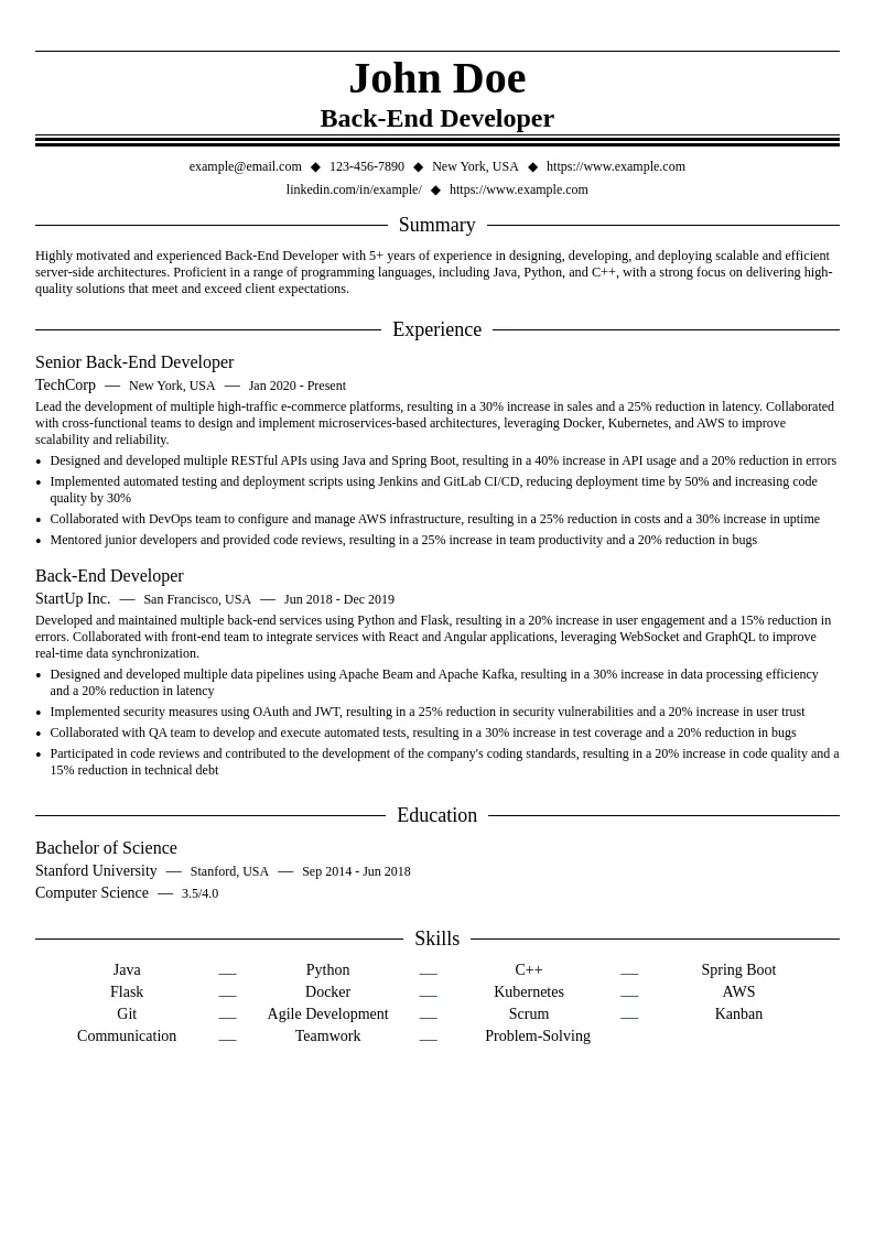 Back-End Developer resume example