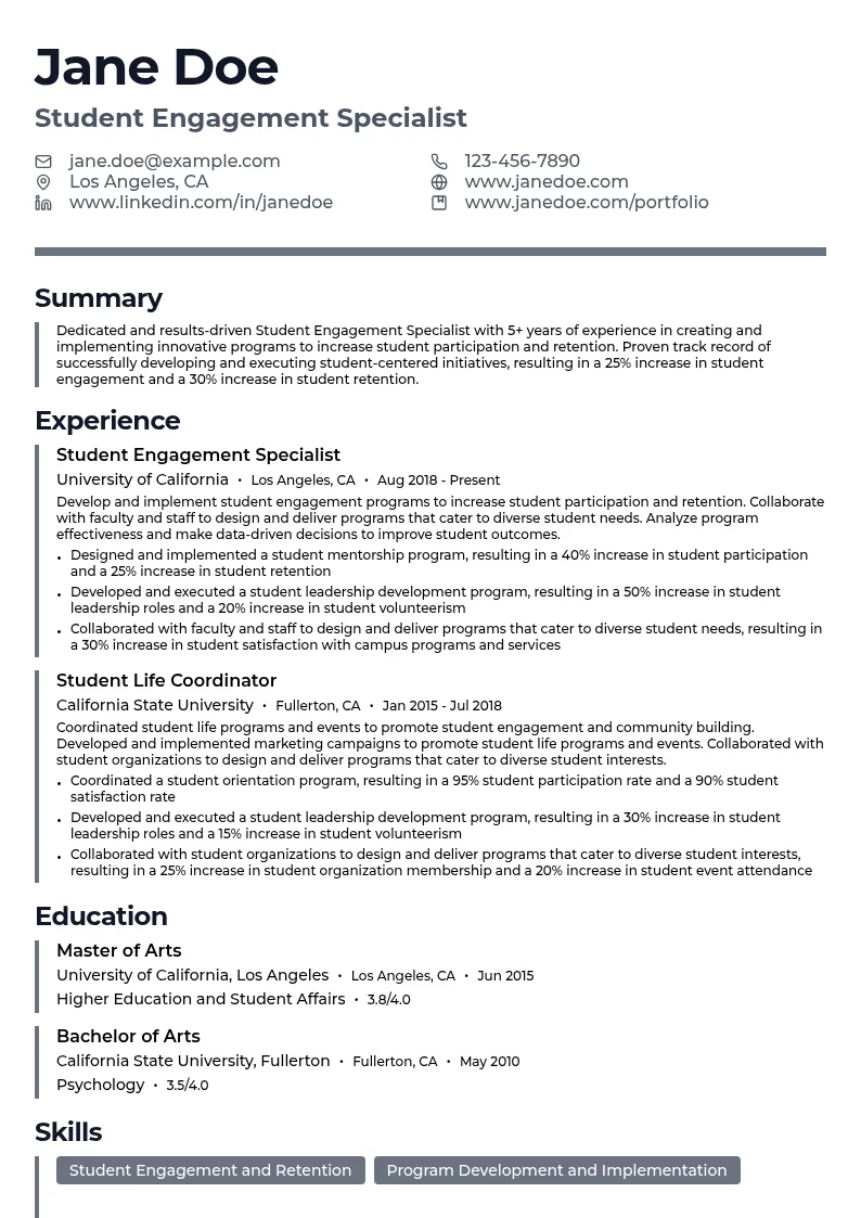 Student Engagement Specialist resume example