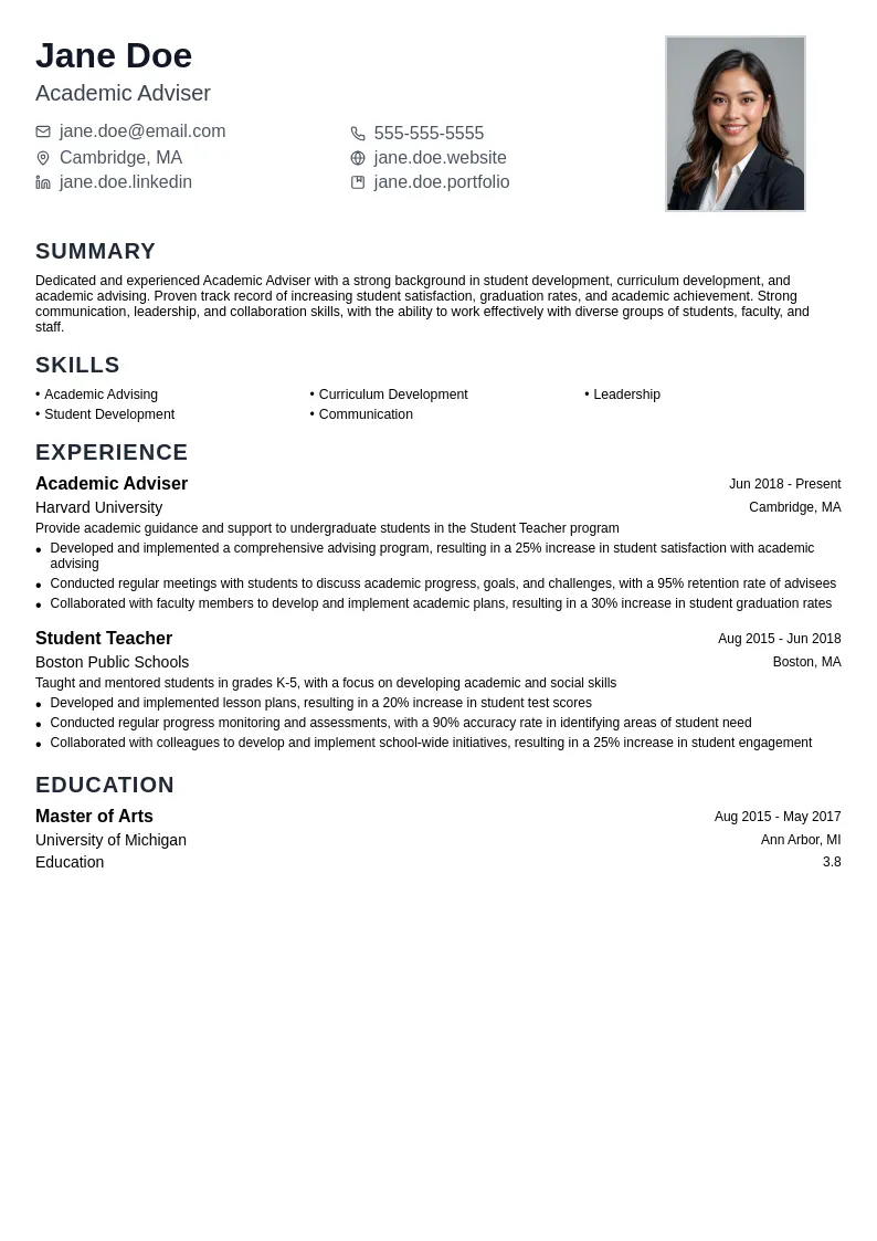 Academic Adviser resume example