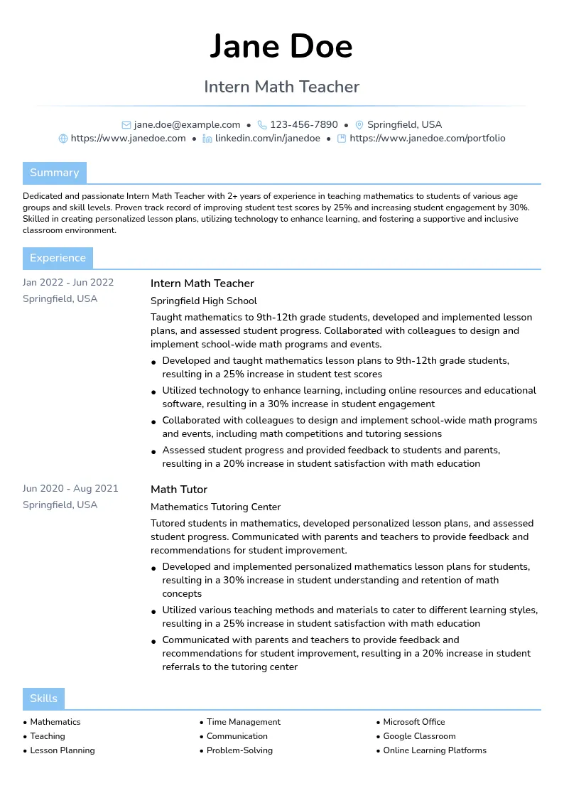 Intern Math Teacher resume example