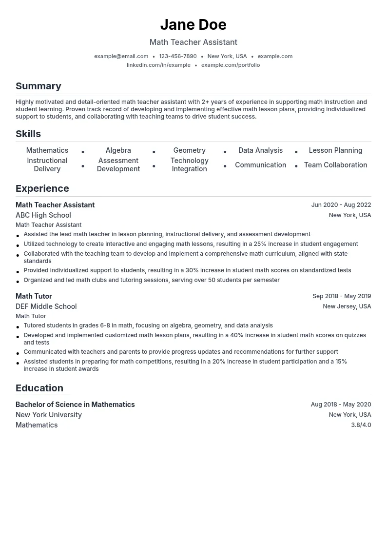 Math Teacher Assistant resume example