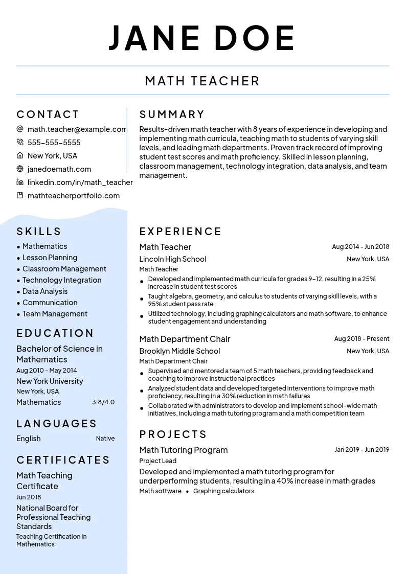 Math Teacher resume example