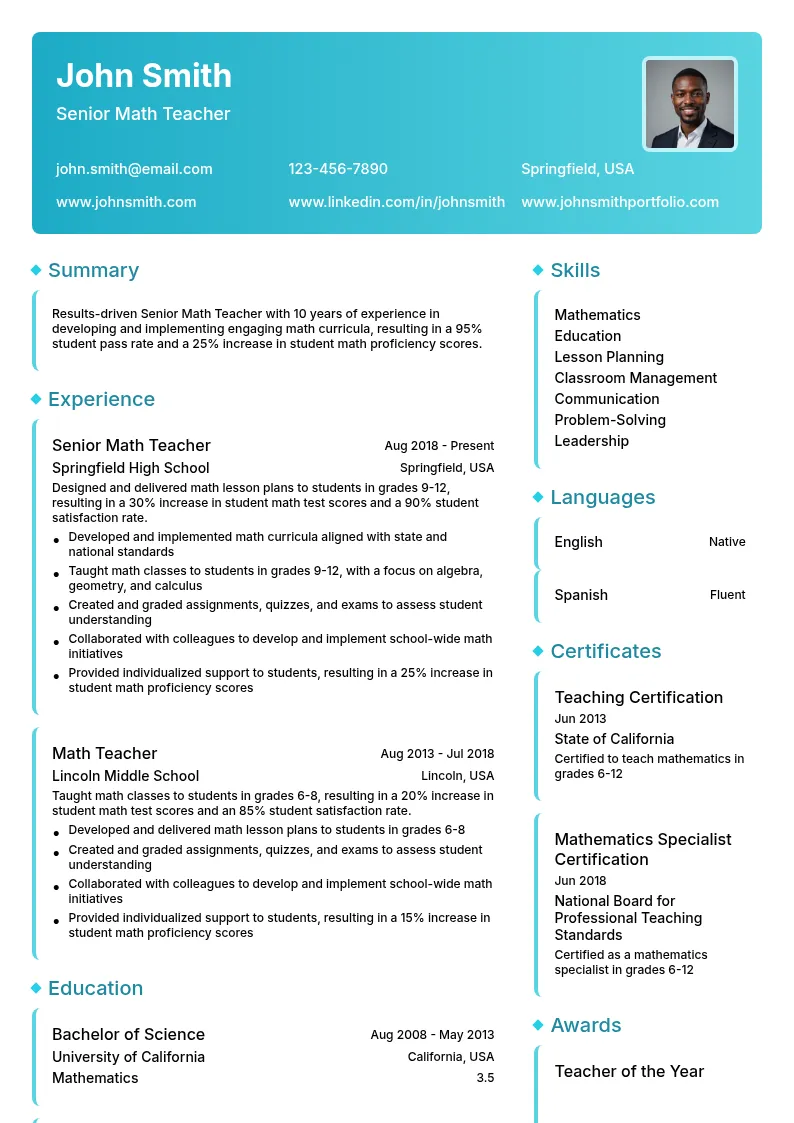Senior Math Teacher resume example