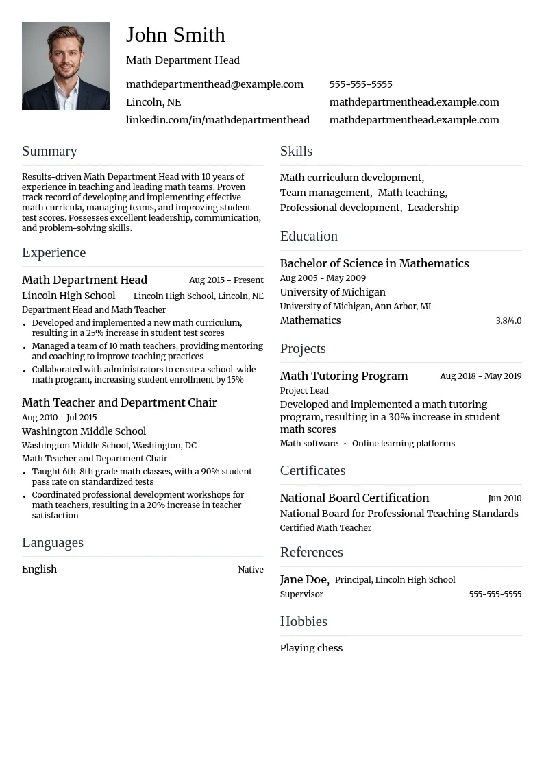 Math Department Head resume example