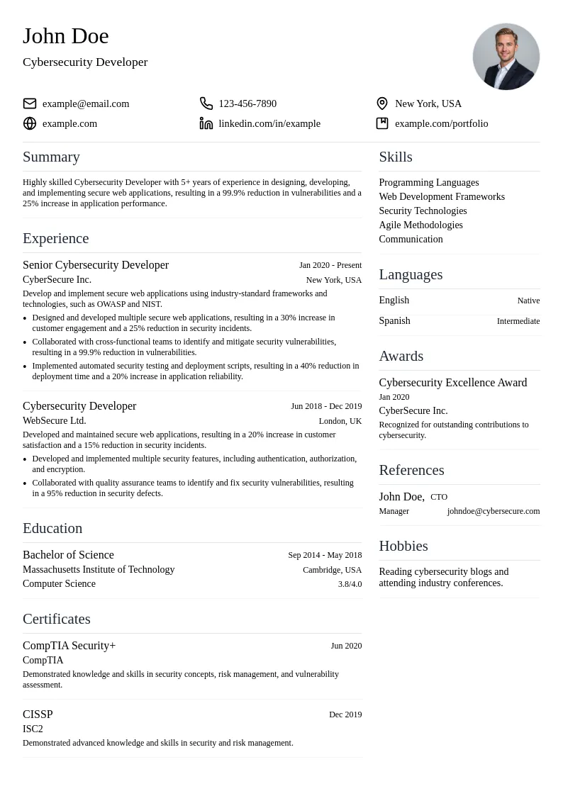 Cybersecurity Developer resume example