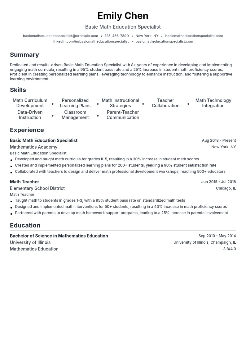 Basic Math Education Specialist resume example