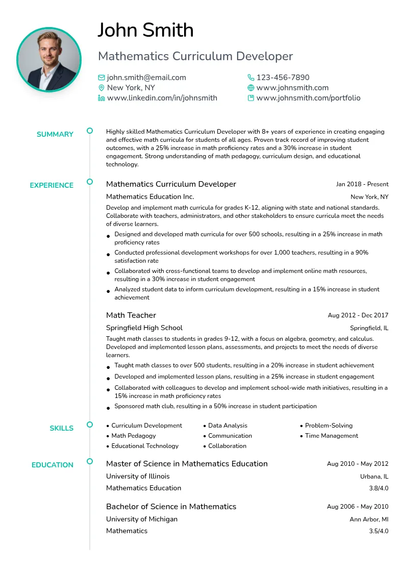 Mathematics Curriculum Developer resume example
