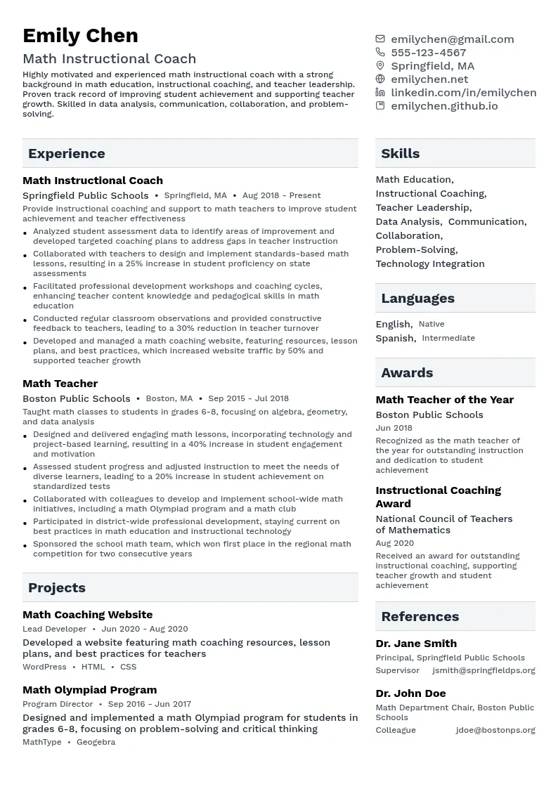 Math Instructional Coach resume example