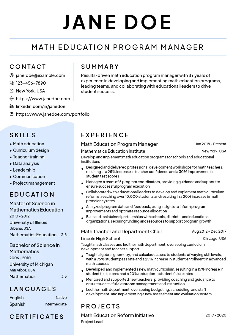 Math Education Program Manager resume example