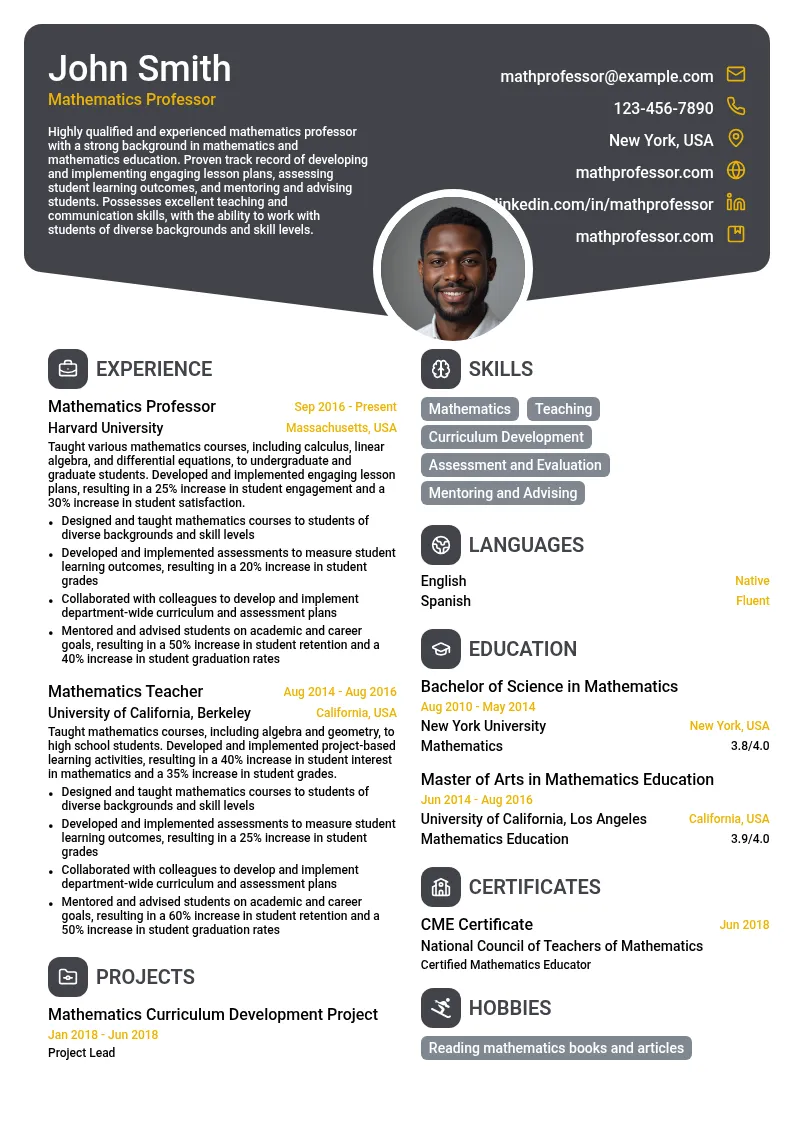 Mathematics Professor resume example