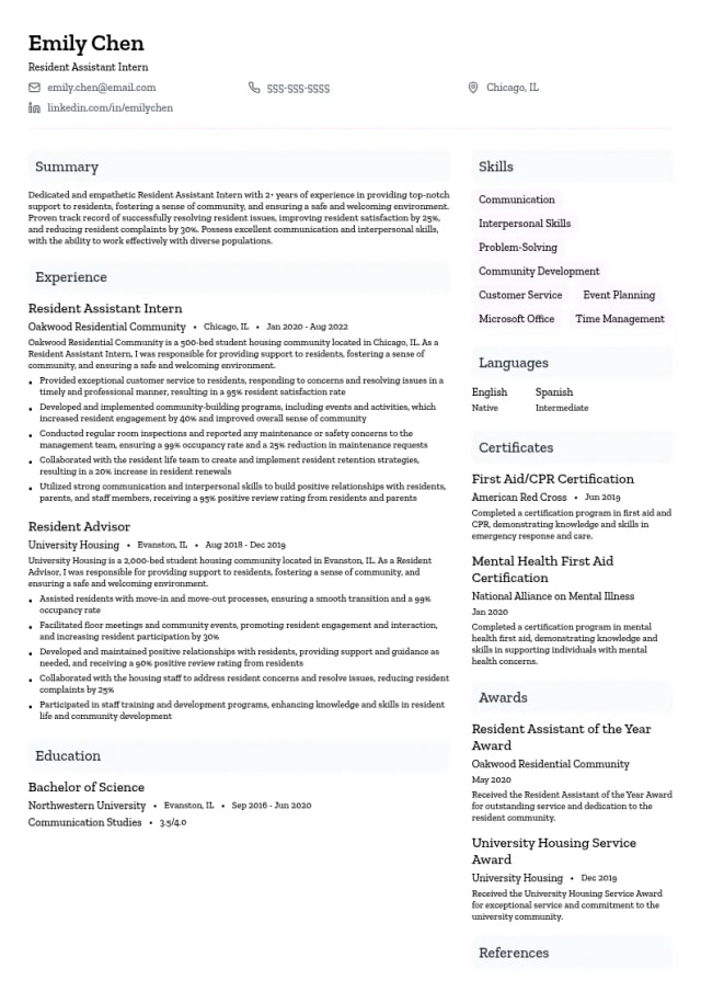 Resident Assistant Intern resume example