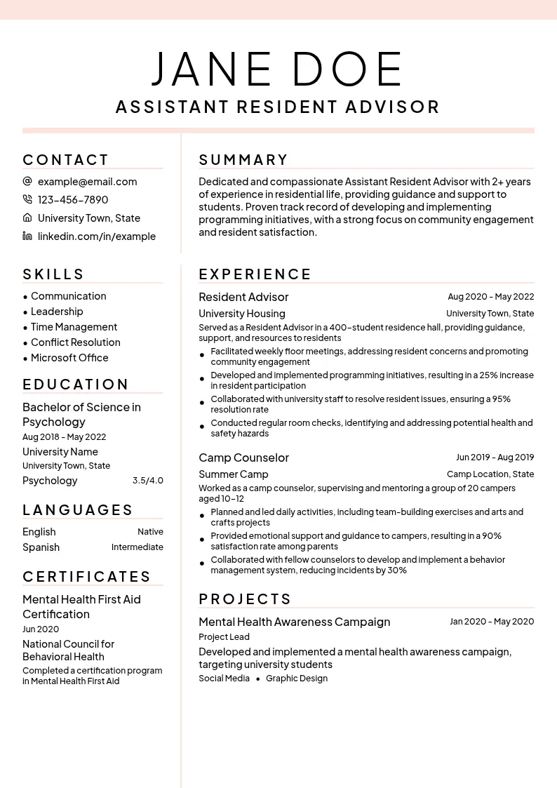 Assistant Resident Advisor resume example