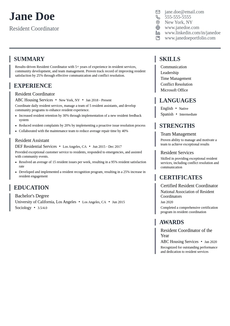 Resident Coordinator resume example
